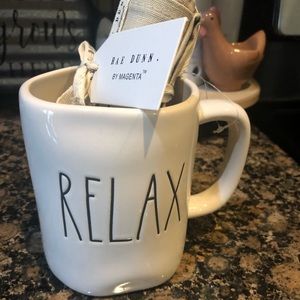 Rae Dunn Relax mug with tea towel